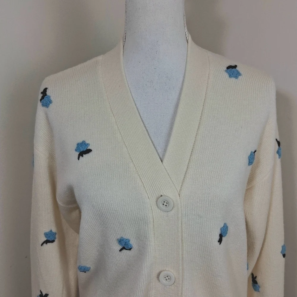 Kate Spade Dainty Bloom Applique Blue And Cream Cardigan Size XS